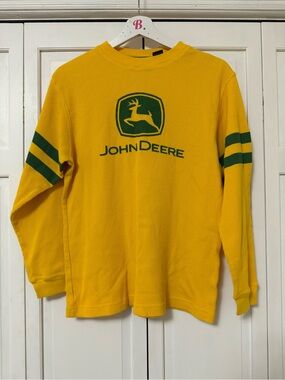 John Deere Yellow Waffle Knit Long Sleeve Shirt Collectible Tractor Farm Y2K